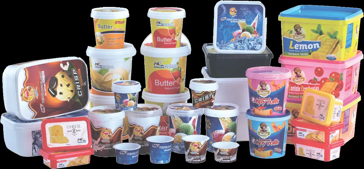 Sample products decorated using Goldstar in-mold label applicator robots